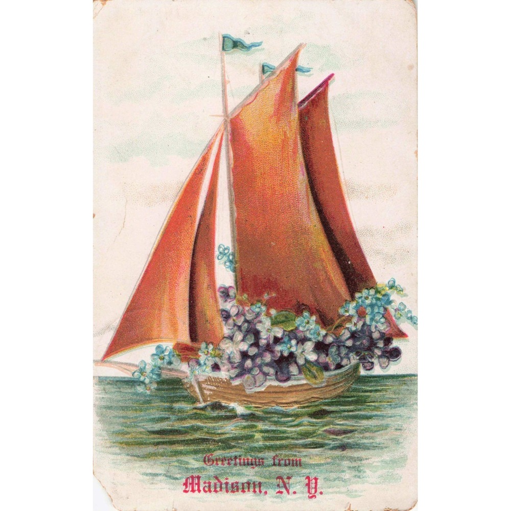 Madison New York NY Embossed Sailboat Flowers 1907 Antique Postcard Solsville - Picture 1 of 2